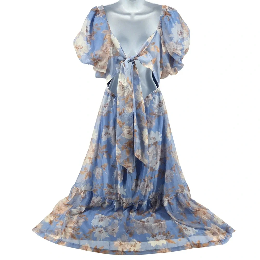 Abercrombie & Fitch Emerson Drama Bow Back Maxi Dress LP Blue Floral Puff Sleeve
